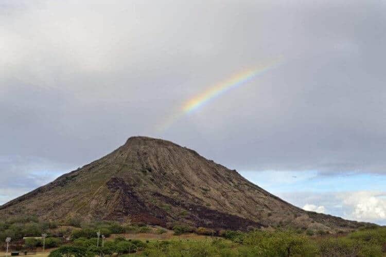 A rainbow over Koko Head Crater in Hawaii Kai, on the island of Oahu, Hawaii.