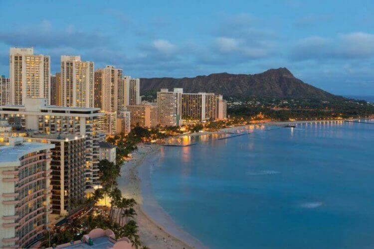 Night view on Honolulu city and Waikiki Beach