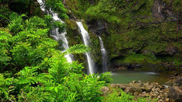Upper Waikani Falls or Three Bears Falls along the road to Hana on the island of Maui