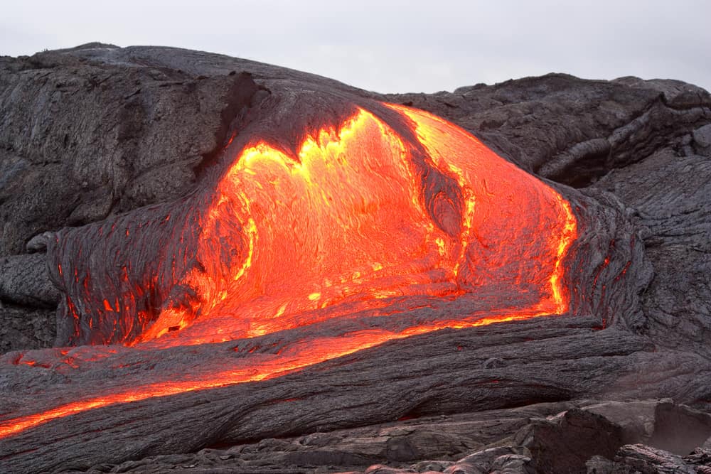 Forming lava landscape in Hawaii. Kilauea volcano, Pu'u O'o vent.